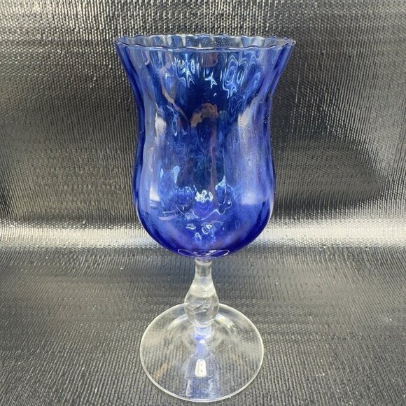 Vintage Venetian Tall Optic Pattern Goblet Compote Cup Cobalt Blue Stem Glass - Picture 14 of 14